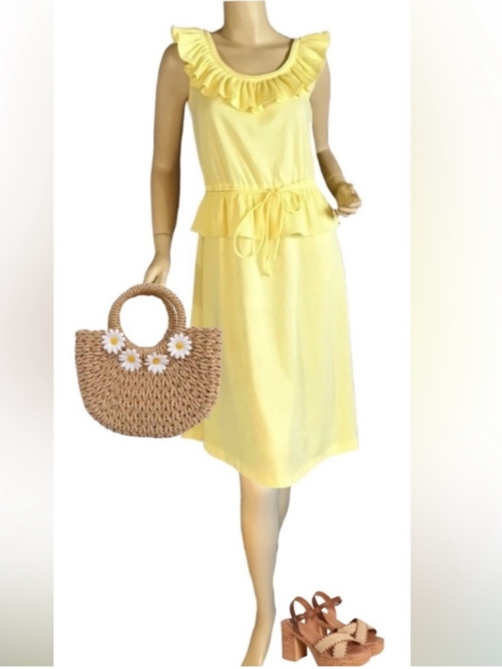 VINTAGE CIRCA 1970'S UNION MADE YELLOW KNIT DRESS WITH RUFFLE DETAILS (M)